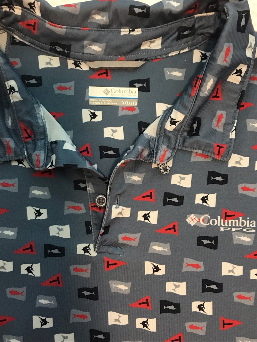 Columbia Men’s Navy Blue Printed PFG Polo with Red and White Accents